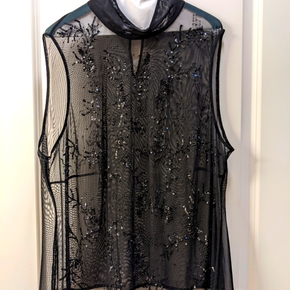 Sheer embroidered sequined shell in black